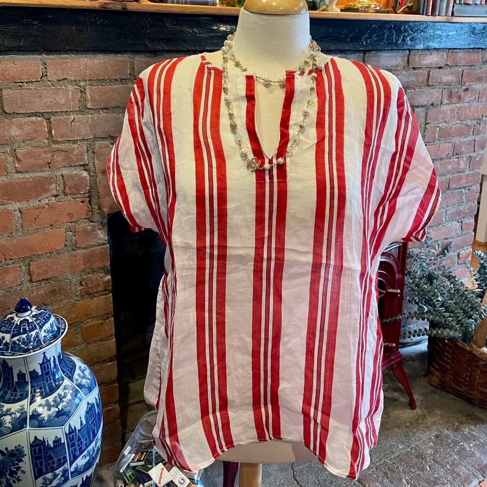 MaxMara Red and White Linen Striped Blouse Top